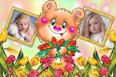 Рамочка на 2 фото цветы от медвежонка, online детское фото вставить в рамку