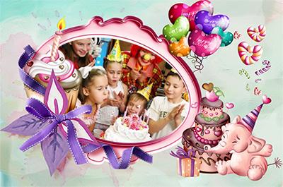 Розовый слонёнок на день рождения, онлайн рамочки для именинников