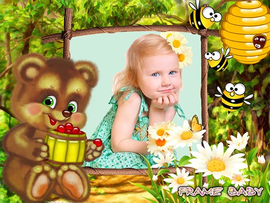 Рамочка детская летняя с мишкой и пчелами, вставить фотку онлайн