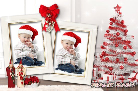 Рамка новогодняя на 2 фото Красные шарики, детские фото вставить онлайн