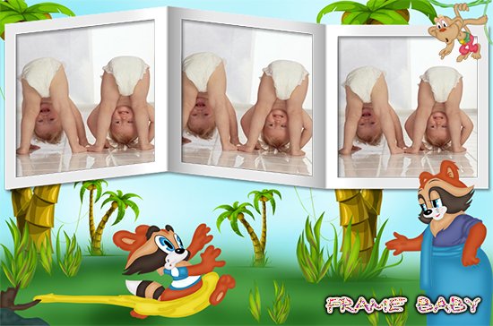 Рамка с героями мультика крошка енот на 3 фото, онлайн фотошоп