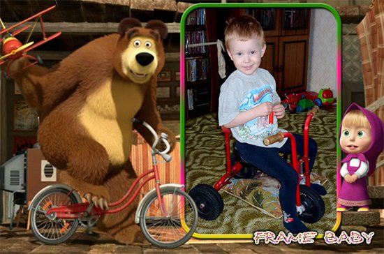 Вставить фото ребенка на велосипеде онлайн в рамку, Велогонки с Машей и медведем