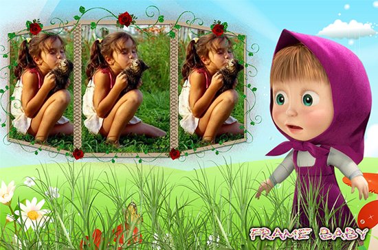Рамка для трех фото Маша на солнечной поляне, фоторамки для онлайн детские