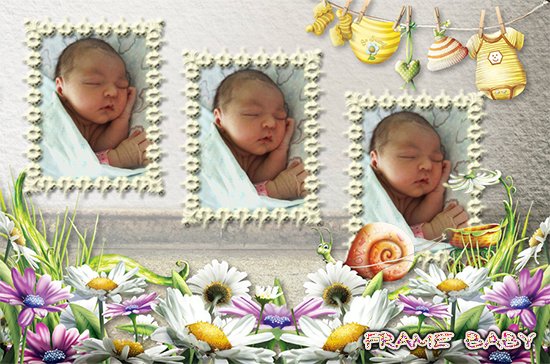 Рамка для новорожденного на 3 фото Мамино счастье, онлайн фотошоп