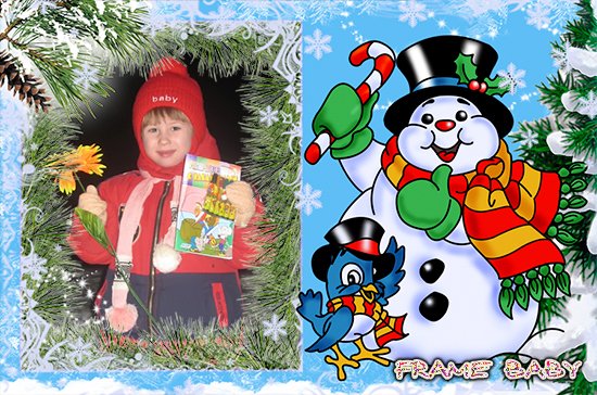Зимняя рамочка со снеговиком и воробьем, онлайн детские фоторамки