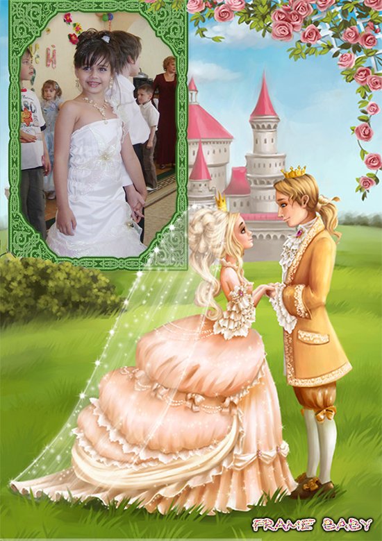Принц и золушка у замка, онлайн рамочки для девочек