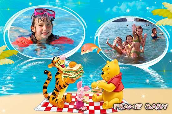 Летняя рамка на 2 фото Пикник у моря, вставить онлайн фото в рамку с Винни, Тигрой и Пятачком