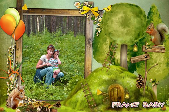 Кормление белочек в лесу, оформить детское фото в рамку онлайн