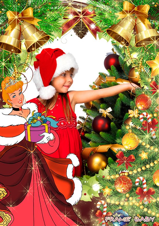 Оформить фото ребенка около новогодней елочки в рамку онлайн