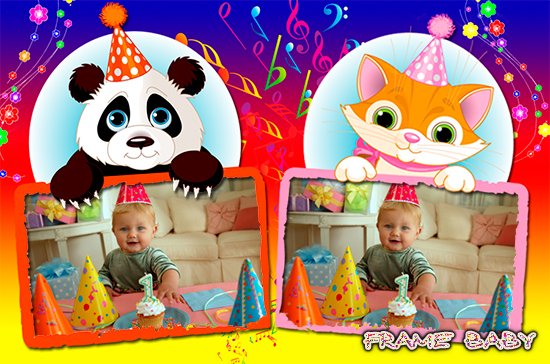 История моего дня рождения, рамка на 2 фото с Пандой и Котиком онлайн