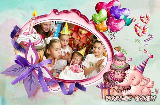 Детская рамка ко дню рождения с розовым слоном и шарами, сделать онлайн