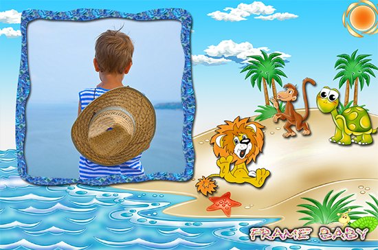Откдых на берегу моря с львенком и черепахой, рамки для фото детей сделать онлайн