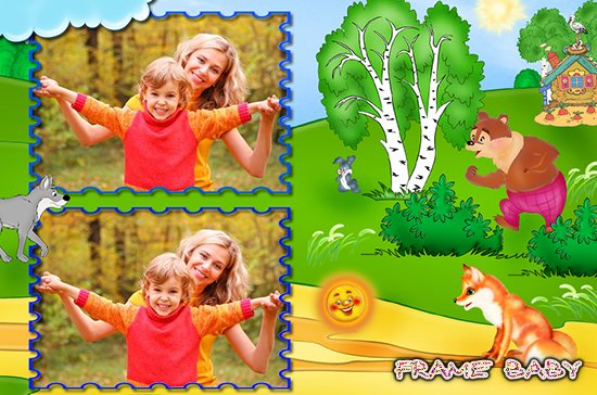 Рамка для двух фото по мотивам сказки колобок, фотошоп онлайн детские рамки