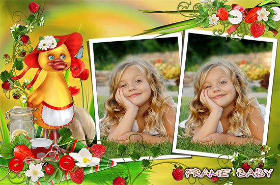 Красивая рамка на 2 фото для детей с уточкой, сделать онлайн фотошоп