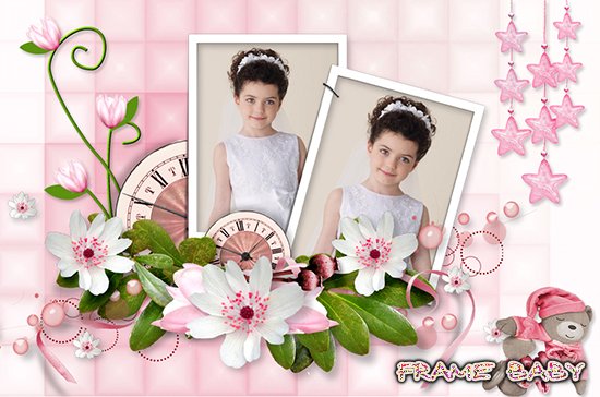 Нежная розовая рамочка для девочки на 2 фото с цветами, онлайн редактор