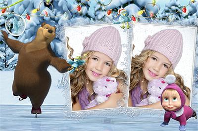 Фоторамка Маша и медведь на катке, онлайн фотошоп рамки для двух фото