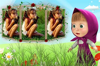Рамка с Машей на 3 фото, детские рамки для фотошопа онлайн