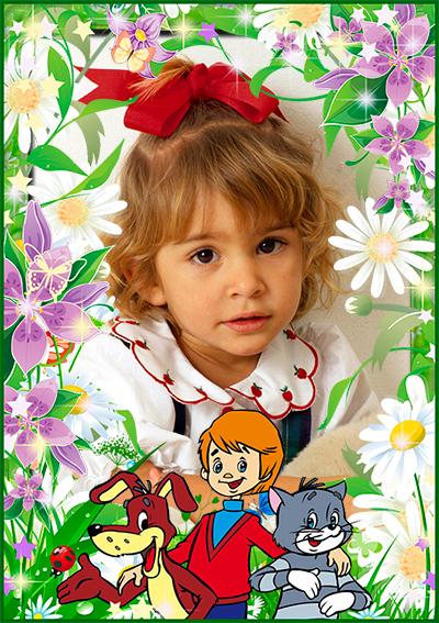Дядя Федор, Матроскин и Шарик в окружении цветов, детские рамочки онлайн фотошоп