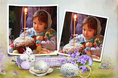 Пасхально - весенняя рамочка на 2 фото с кроликами, можно вставить свои фото