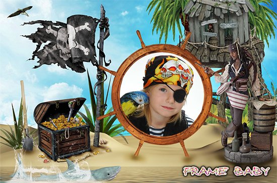 Рамочка для мальчика Пираты на берегу моря, вставьте фото ребенка онлайн