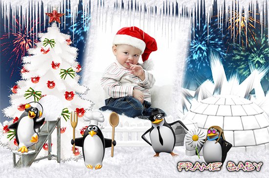 Новогодняя фоторамка Пингвины, вставить ваше фото в красивую рамку онлайн