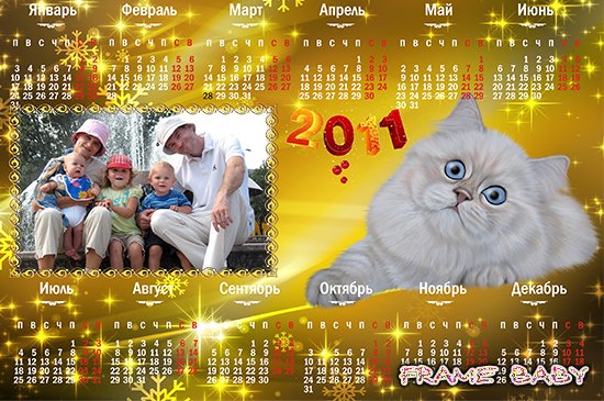 Пушистый белый котёнок, календари на 2011 год с вырезом под фото онлайн