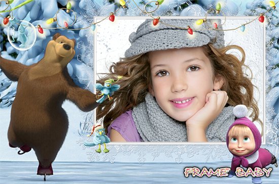 Рамка для фото Маша и медведица на катке, online Photoshop