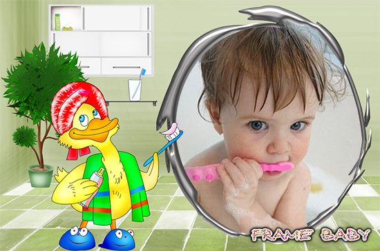 Утёнок чистит зубки, онлайн фоторамки с зубной щеткой и пастой для детей