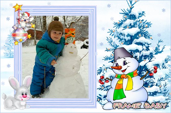 Детская рамка со снеговиком и зайчиком, вставить фото онлайн на сайте детских авторских рамок