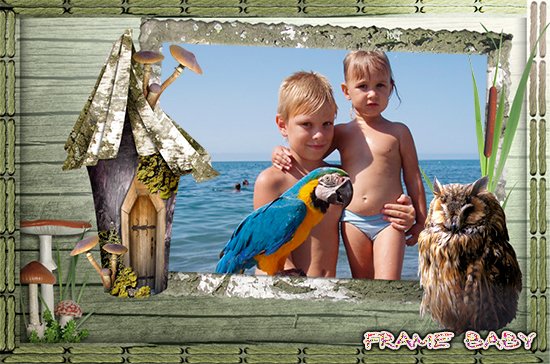 Оформить фото ребенка с экзотическим птицами в рамку онлайн