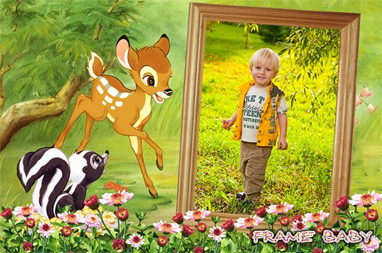 Оленёнок Бемби и скунс, фоторамки детям со зверями в онлайне