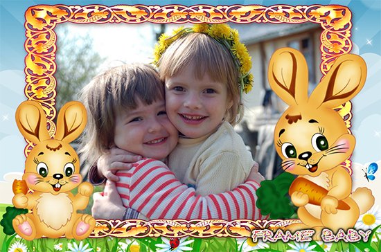 Два зайки на лужайке с морковками, оформления детских фото в рамки со зверями онлайн