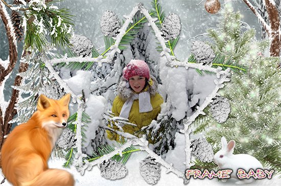 Рамка зимняя с лисой и зайчиком в заснеженном лесу, вставить фото в рамку онлайн