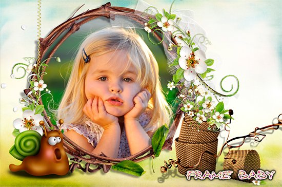 Рамка детская с цветочками и улиткой, вставить фото ребенка в онлайн